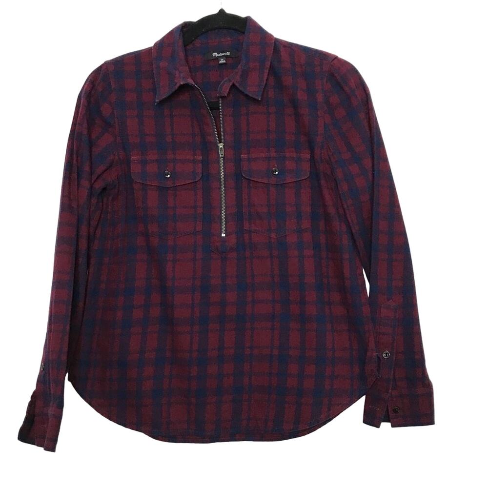 Madewell XSmall XS Blue Red Popover Top Zip-front Plaid Shirt Cotton Long Sleeve
